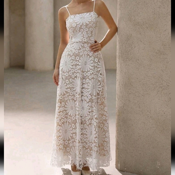 Lace Embroidered Floral Hollow Out Spaghetti Strap Waist-Cinched Fitted Dress - Picture 3 of 4